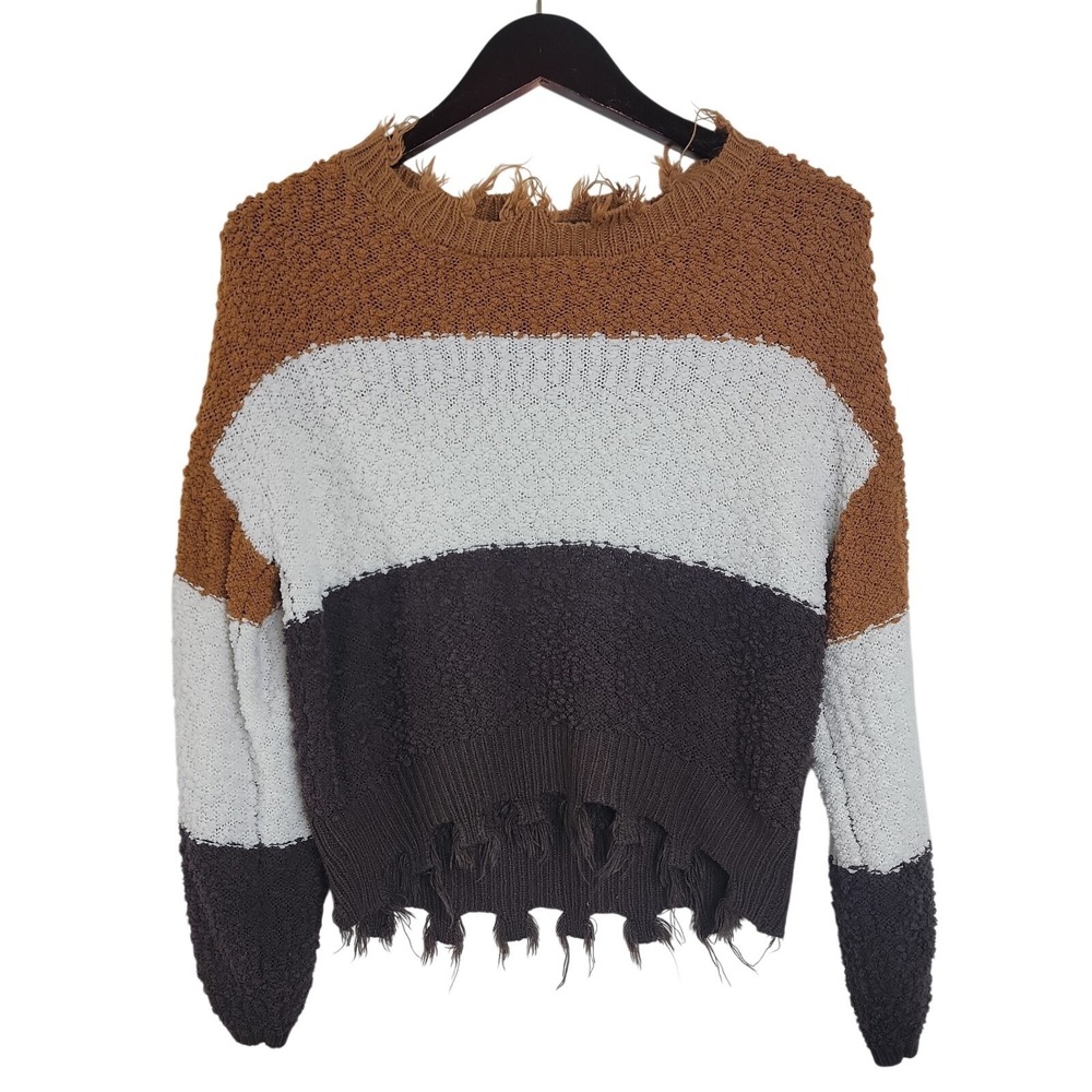 Jolie & Joy Womens Small Brown White Gold Colorblock Crop Sweater Raw Fringe Hem